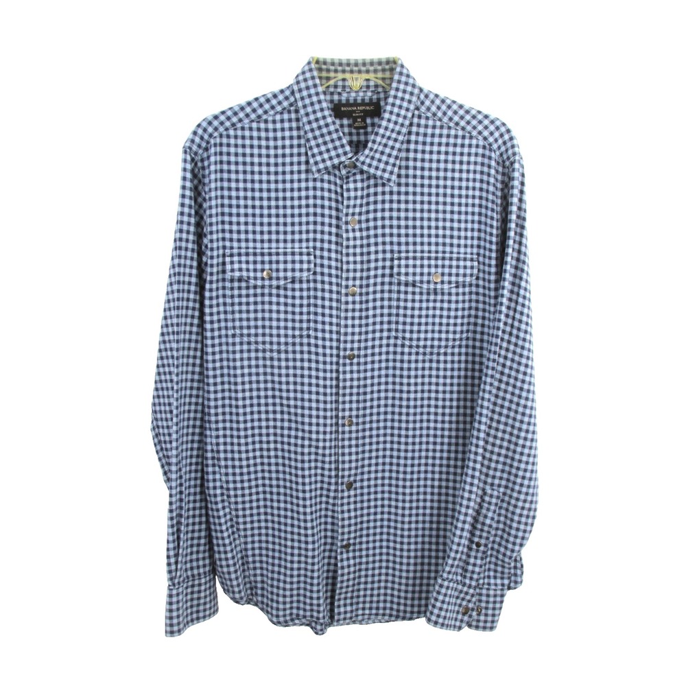 Banana Republic Western Shirt Mens Medium Slim Fit Blue Check Snaps Cowboy